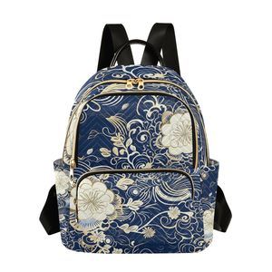 Navy Blue Flowers Floral Mini Backpack Purse for Women Travel Bag🐴